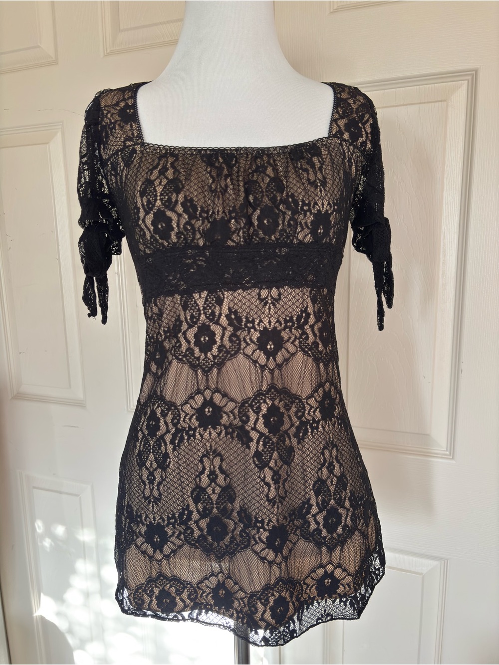 Y2K Studio Y Black Lace Square-Neck Sheer Tunic Top